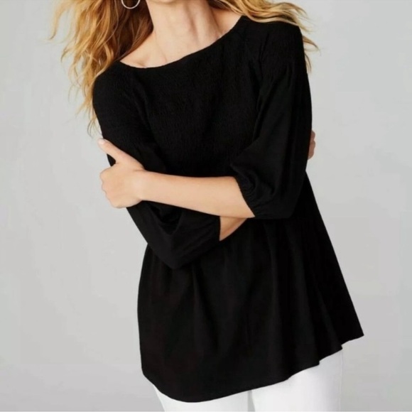 J. Jill Smocked Peasant Tunic 3/4 Sleeve Top - Black Sz S - Picture 3 of 9